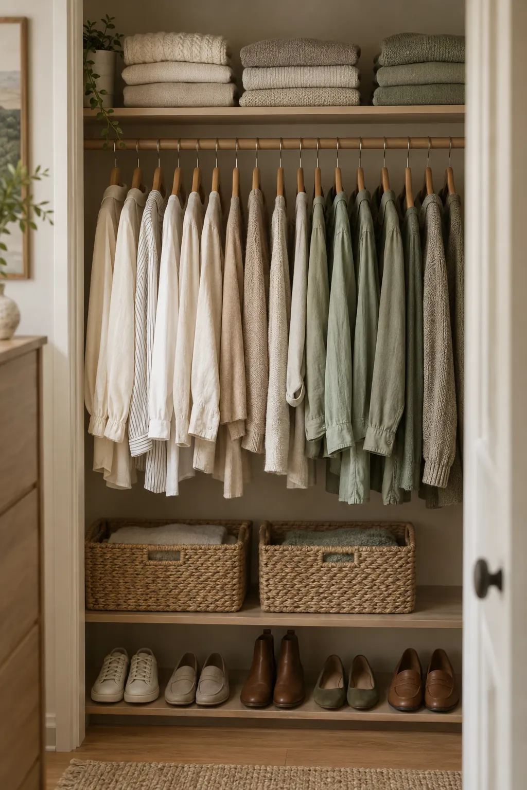 An organized closet with evenly spaced hangers, folded knits and shoes in a row