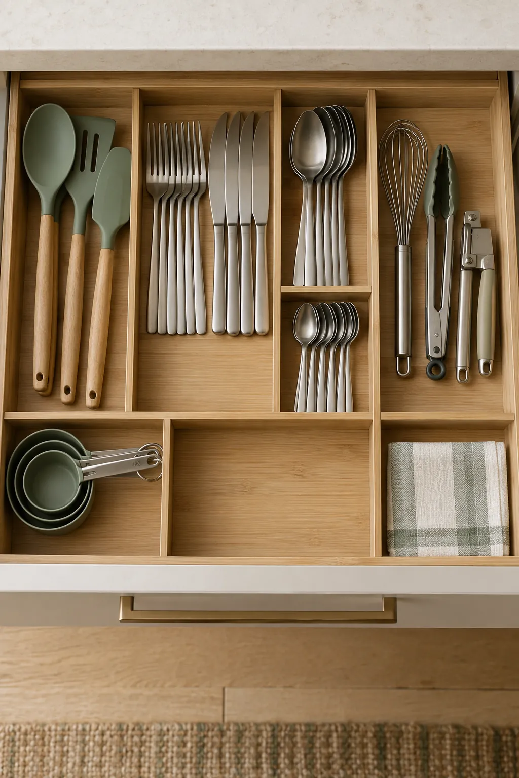 A kitchen drawer with bamboo dividers and utensils grouped in straight rows