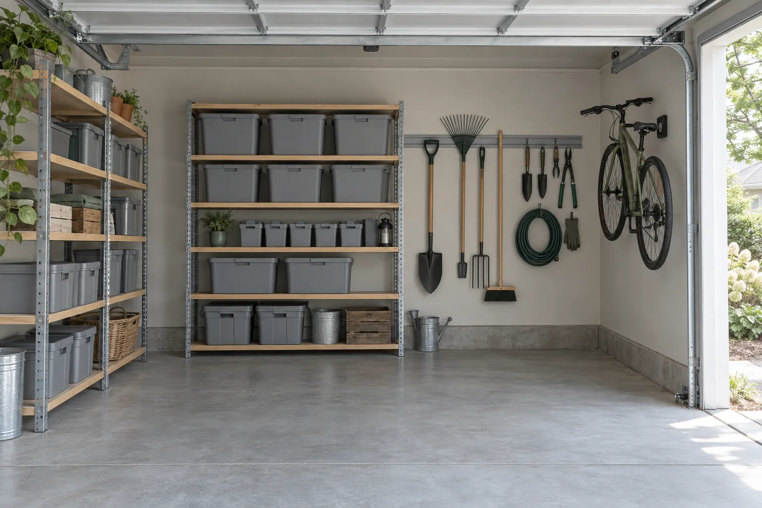 An organized garage with labeled bins on shelving, tools on a wall rail and clear floor space