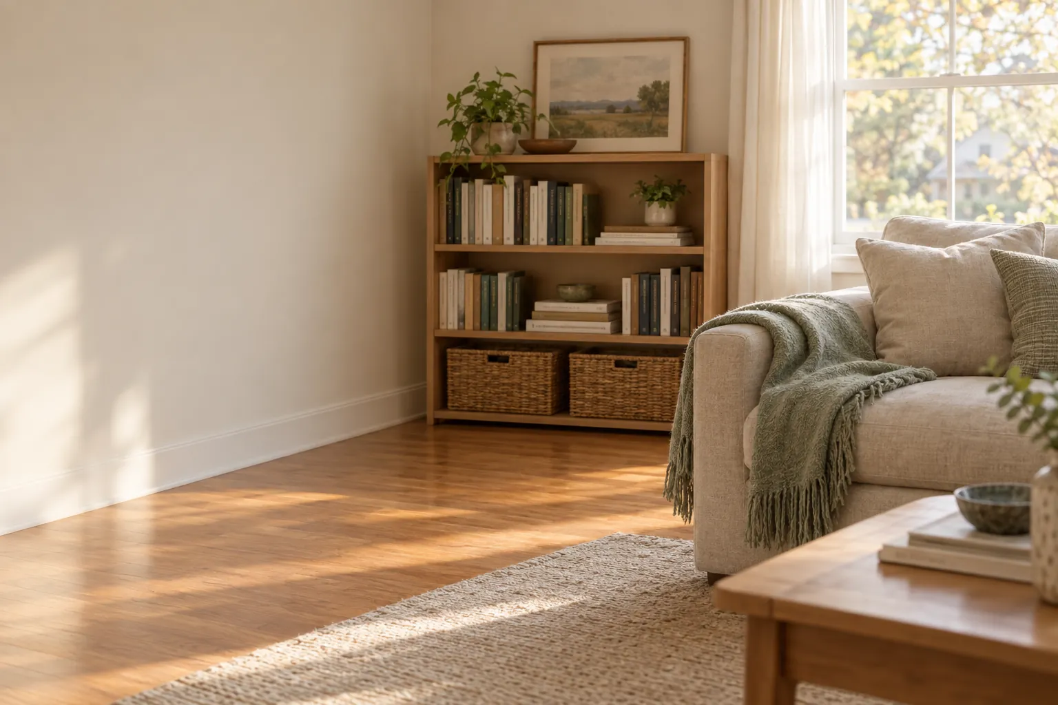 A sunlit living room with neatly grouped books, woven storage baskets and clear floor space
