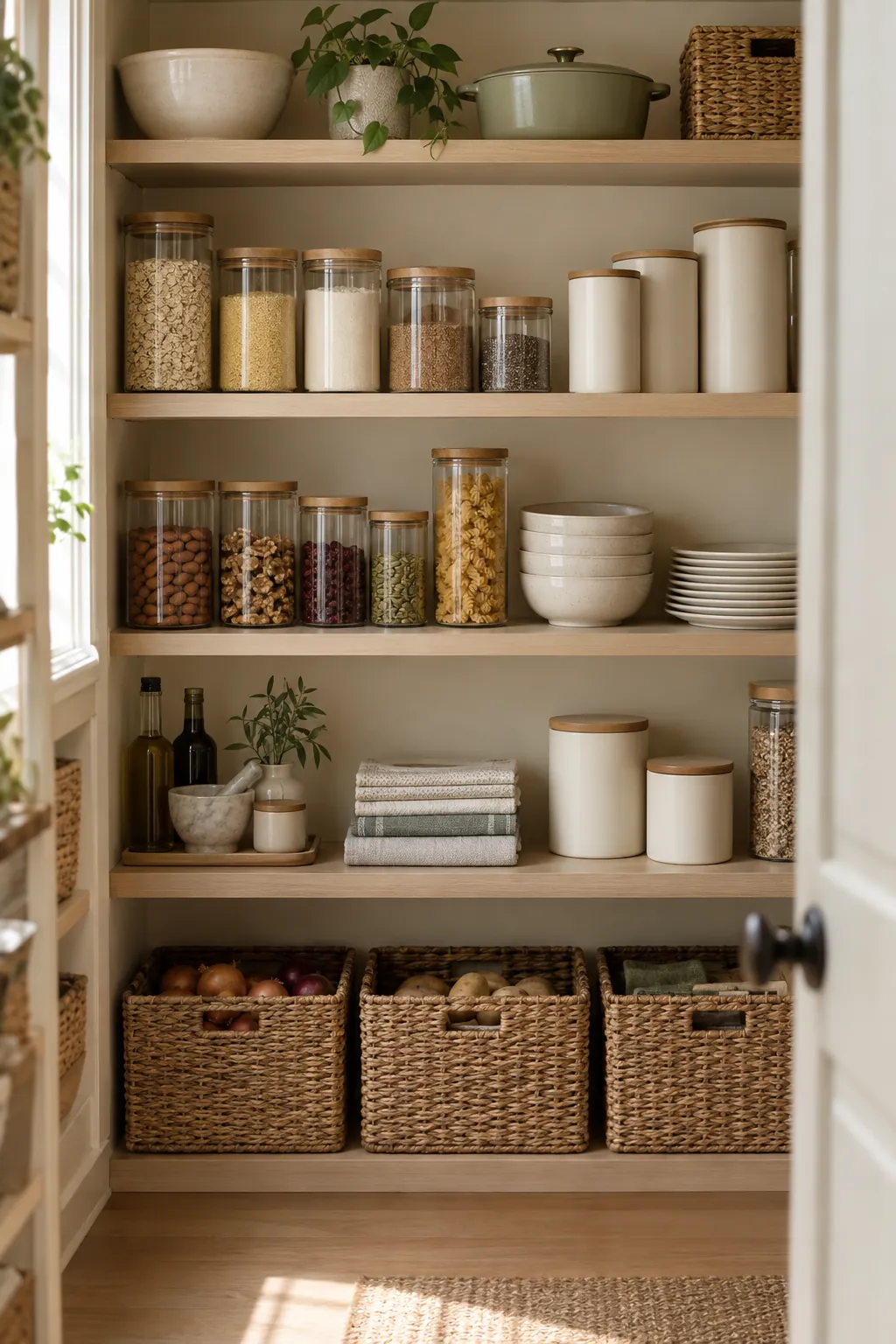 An organized pantry with grouped canisters, stacked bowls and woven baskets