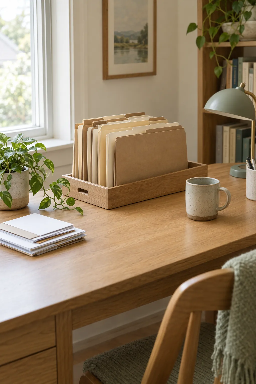 A tidy desk with sorted file folders standing in a wooden tray